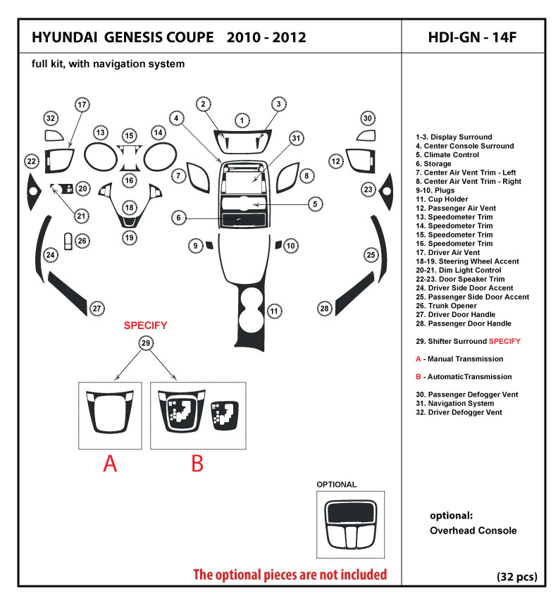 Hyundai Genesis Coupe Dash Kit Trim, with navigation system, auto 